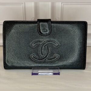 Chanel Black Caviar Leather Long Wallet CC Logo w Gold  | Full Inclusion | Halo
